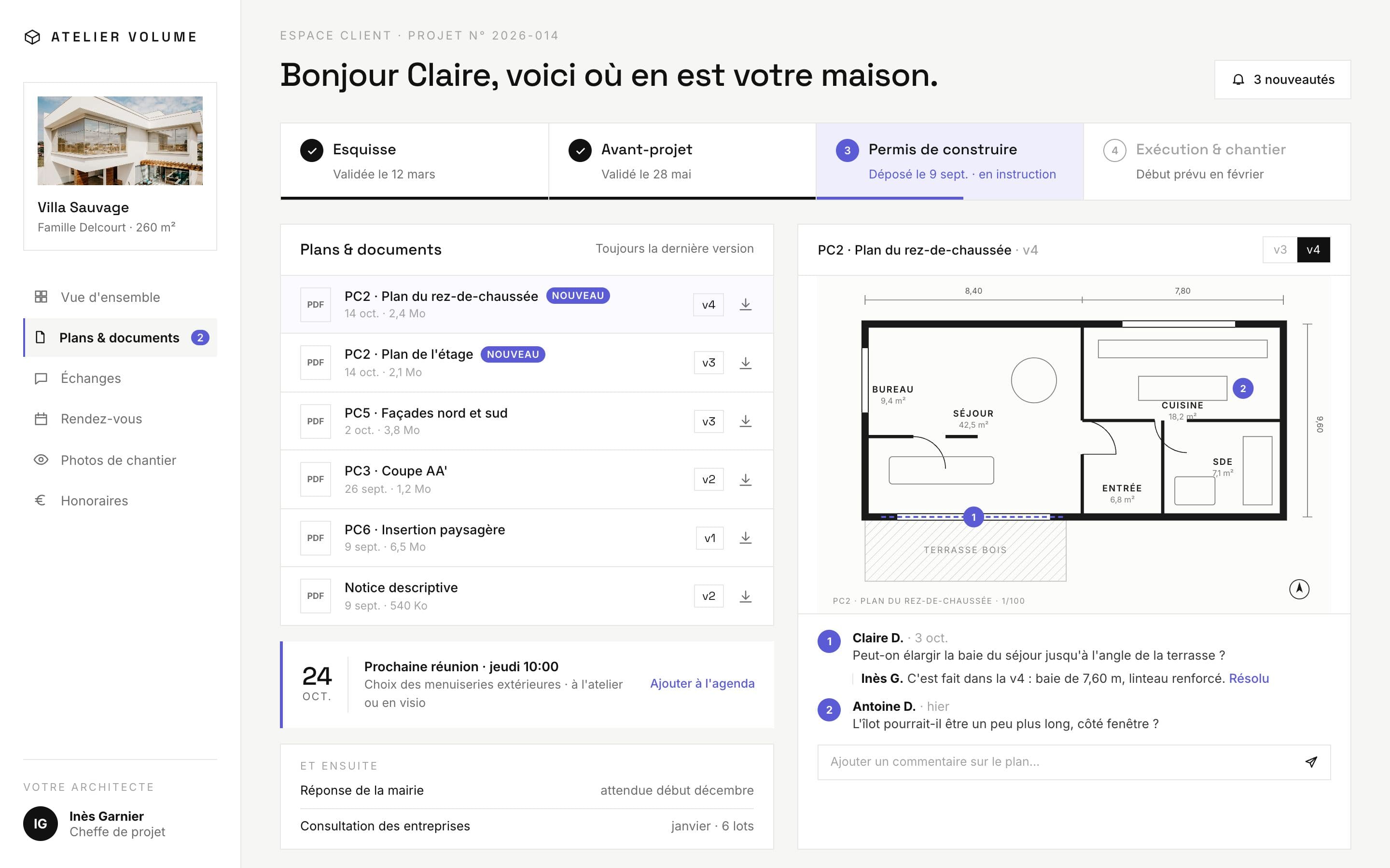 Atelier Volume (projet concept) : l'espace client. Le client voit où en est son projet, télécharge la dernière version de chaque plan et commente directement sur le dessin.