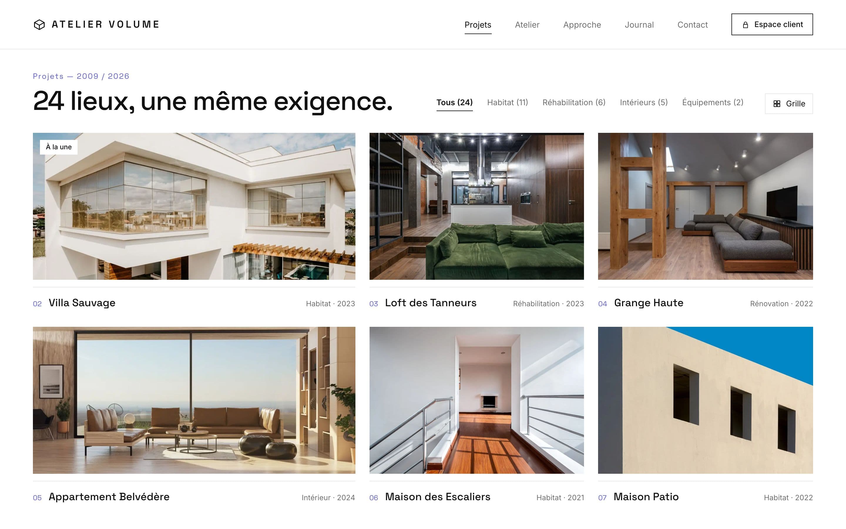 Atelier Volume (projet concept) : tous les projets. Les réalisations rangées en grille, chacune avec son numéro, son type et son année, pour parcourir l'ensemble du travail de l'atelier.