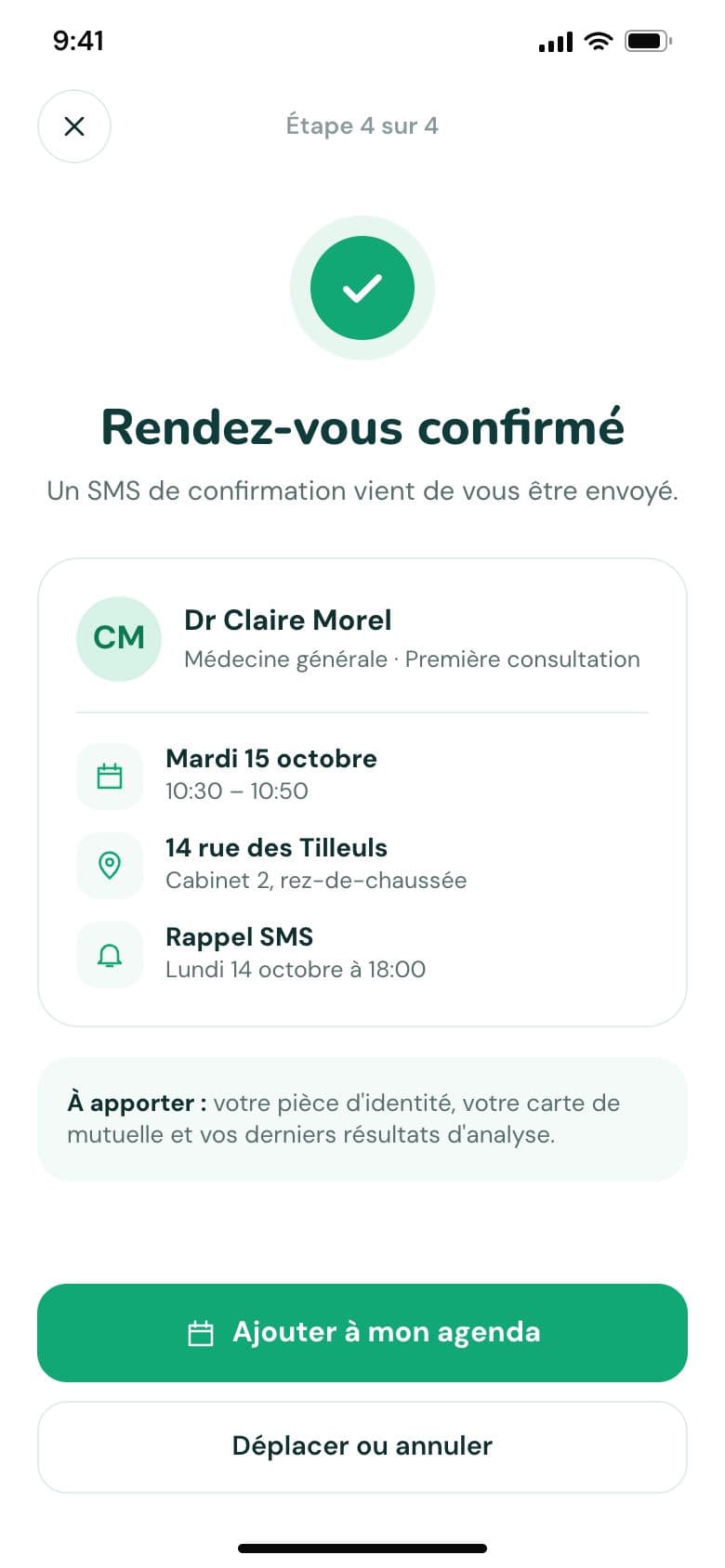 Clinique des Tilleuls sur téléphone (projet concept) : la confirmation