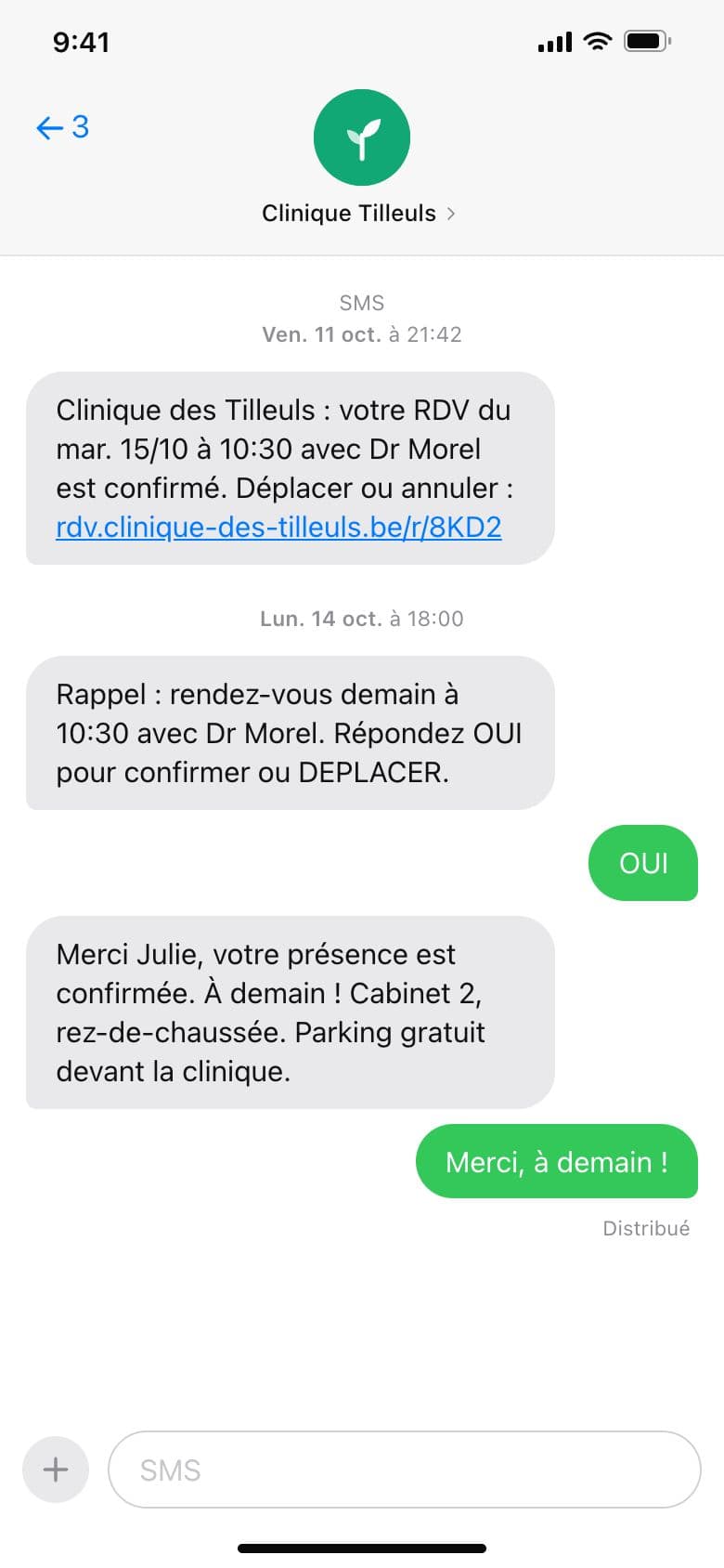 Clinique des Tilleuls sur téléphone (projet concept) : le rappel par sms