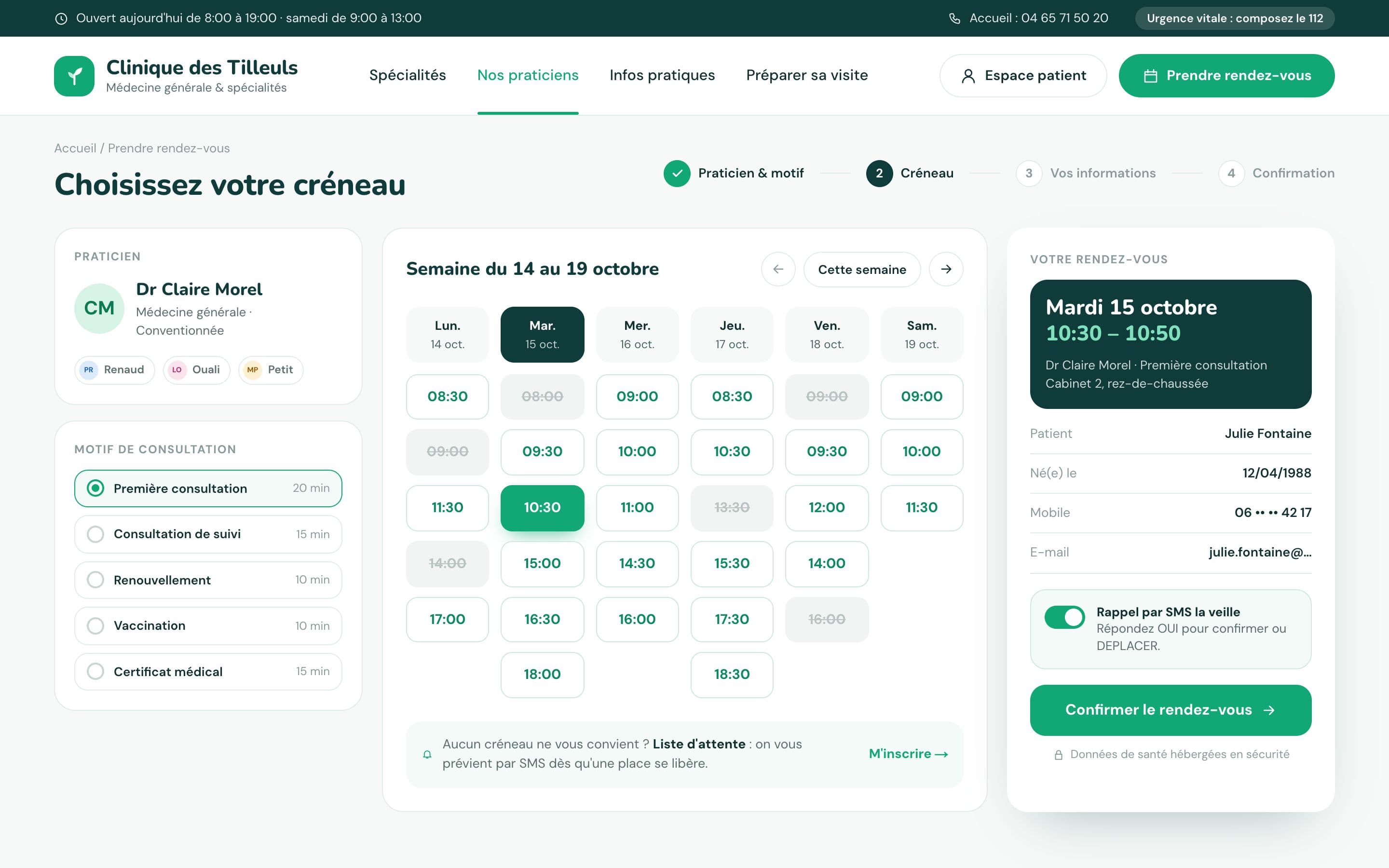 Clinique des Tilleuls (projet concept) : la prise de rendez-vous. Praticien, motif, créneau : la semaine entière est visible, et la durée du rendez-vous suit le motif choisi.