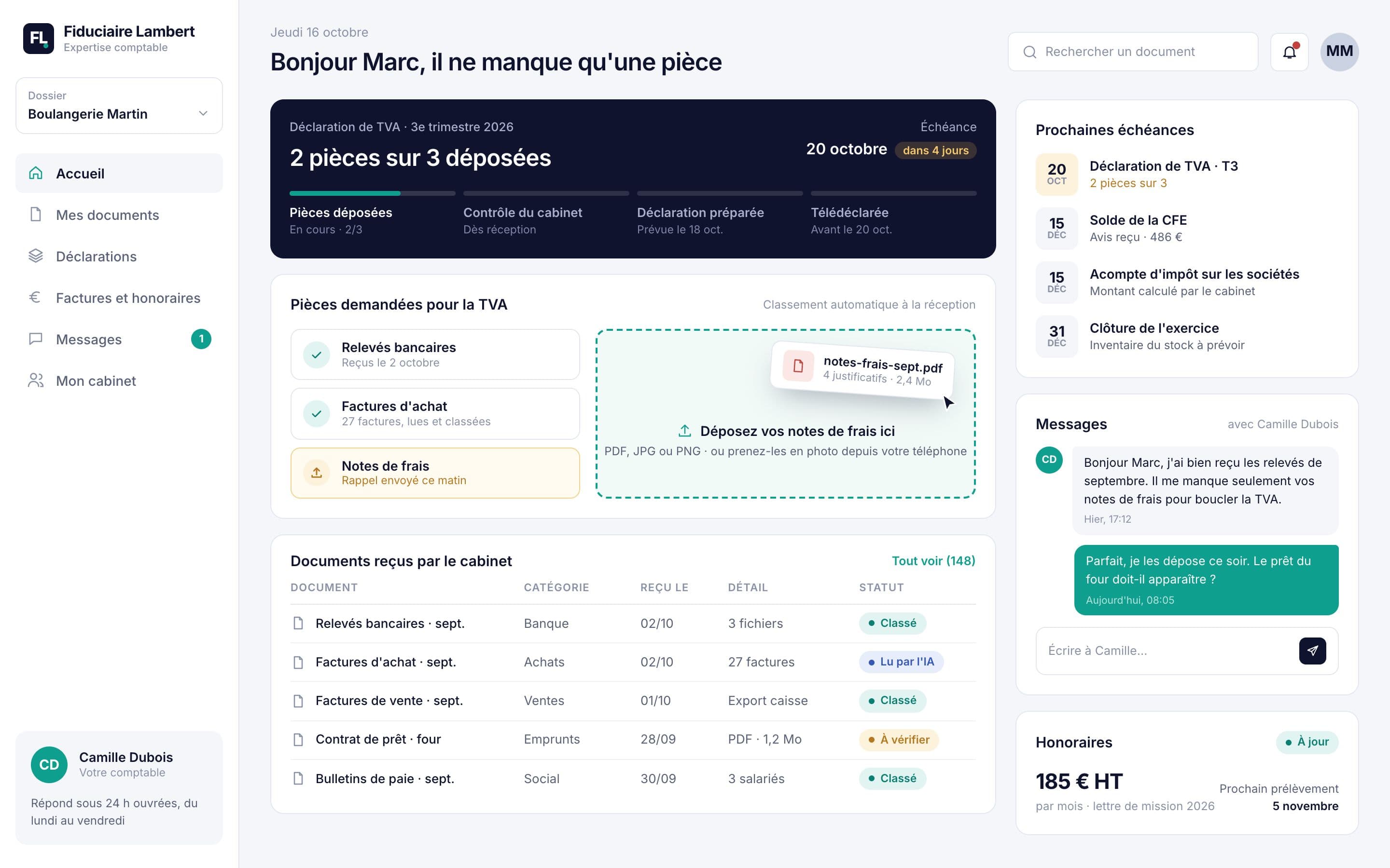 Fiduciaire Lambert (projet concept) : l'espace client. Le client voit où en est sa déclaration, ce qu'il reste à déposer et ses prochaines échéances, sans appeler le cabinet.
