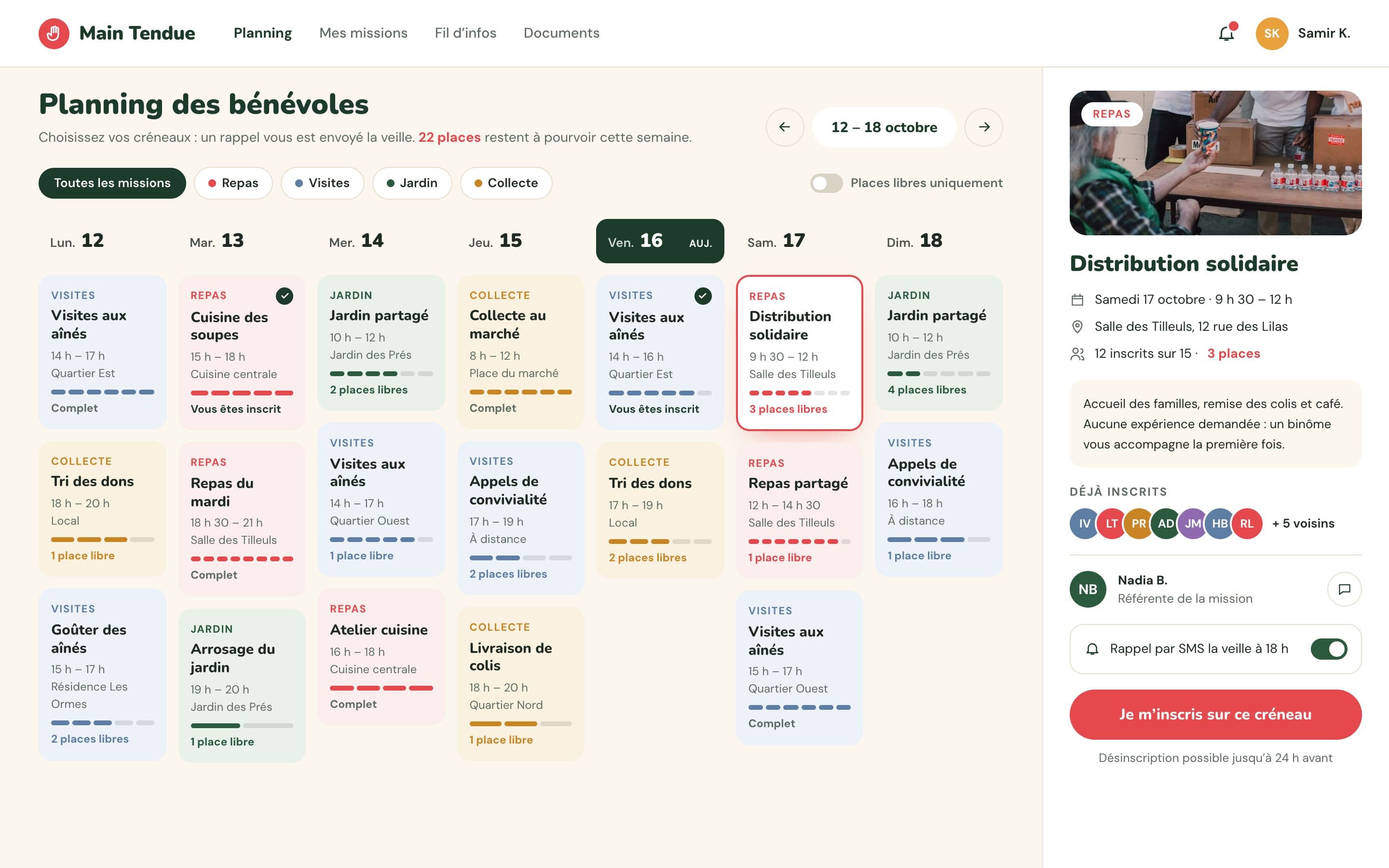 Association Main Tendue (projet concept) : le planning des bénévoles. La semaine des missions sur une seule grille : chaque bénévole voit les créneaux libres et s’inscrit en un clic.