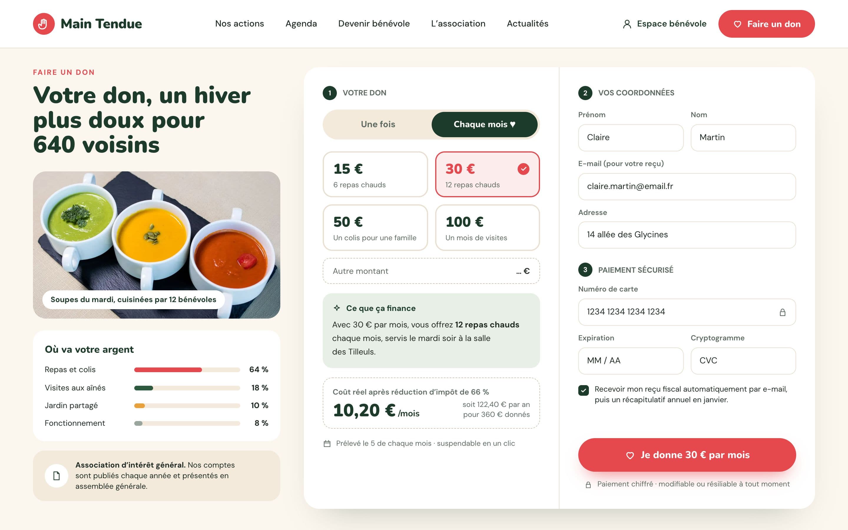 Association Main Tendue (projet concept) : la page de don. Un don ponctuel ou mensuel en trois étapes, avec ce que chaque montant finance et le coût réel après réduction d’impôt.
