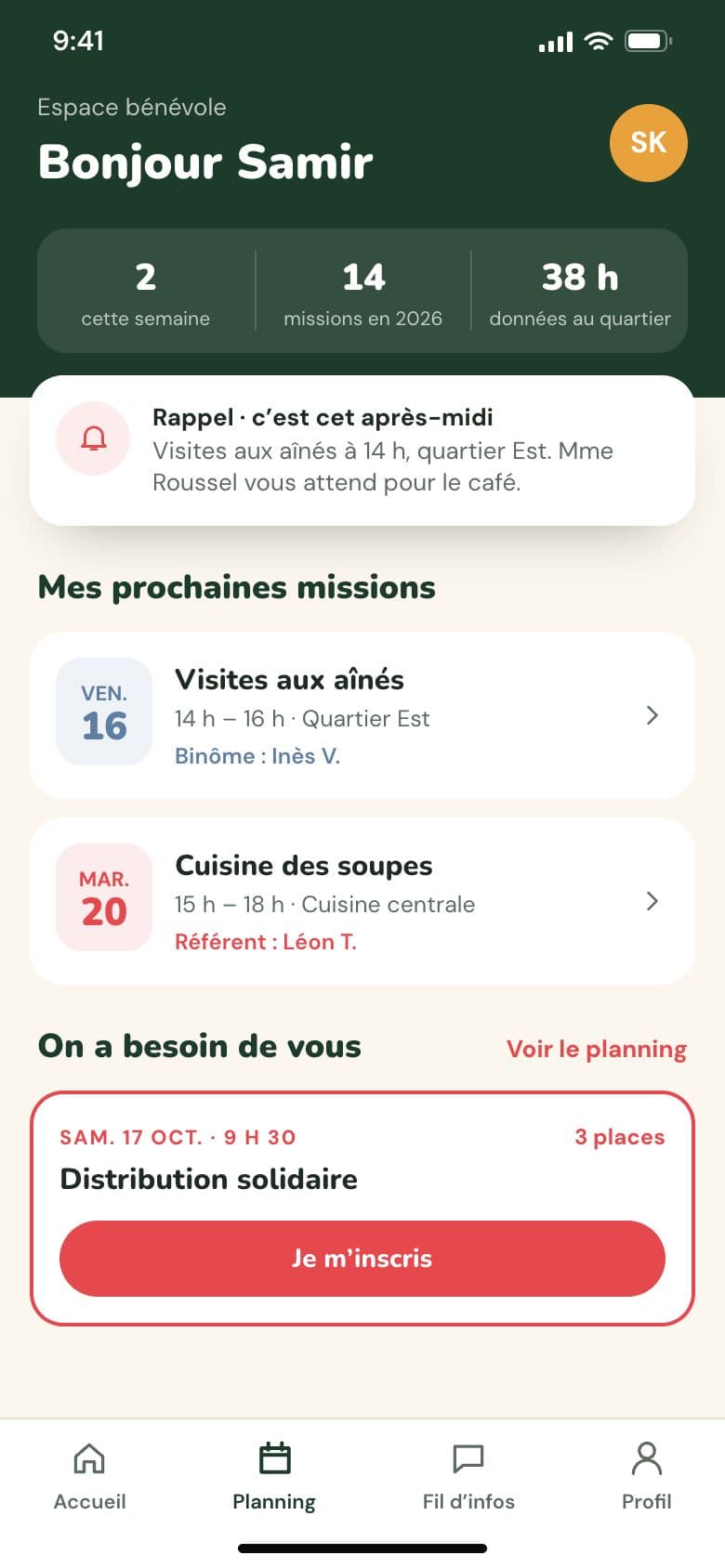 Association Main Tendue sur téléphone (projet concept) : l’espace bénévole sur téléphone