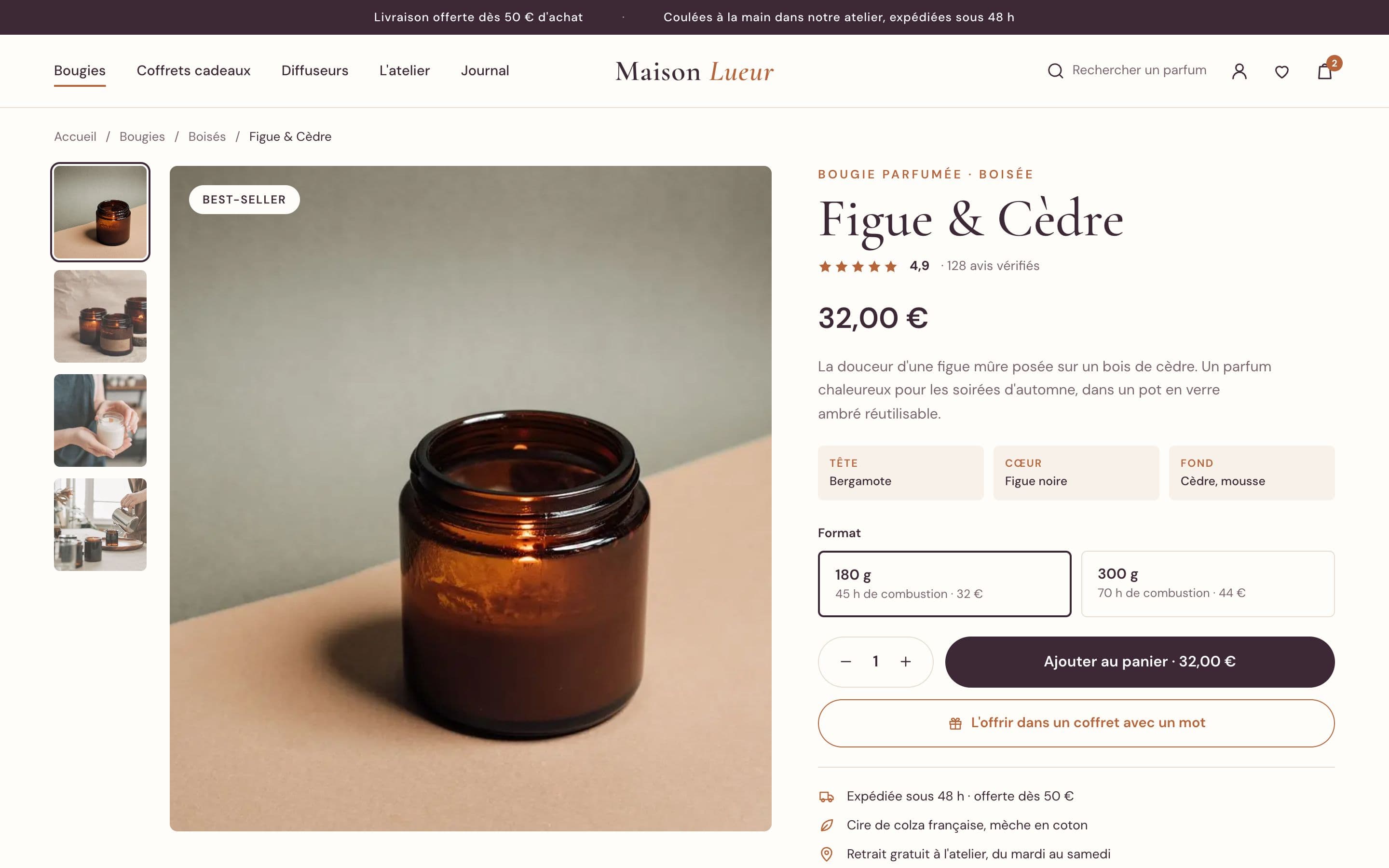 Maison Lueur (projet concept) : la fiche produit. Tout ce qu'il faut pour choisir sans sentir : notes de tête, de cœur et de fond, format, durée de combustion et avis vérifiés.