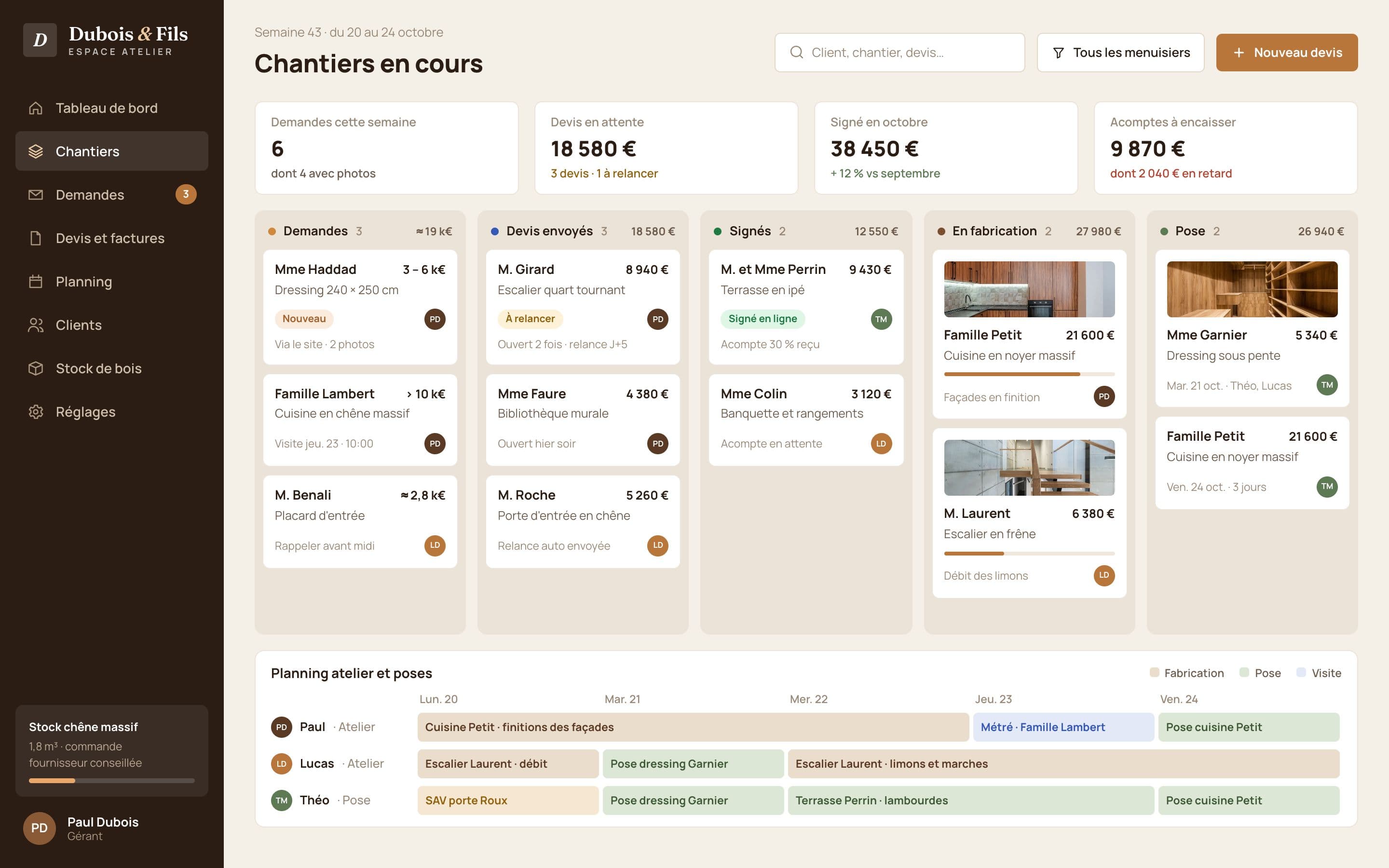 Menuiserie Dubois & Fils (projet concept) : le crm de l'atelier. Chaque demande du site arrive dans un tableau de suivi, jusqu'à la pose, avec le planning de la semaine juste en dessous.