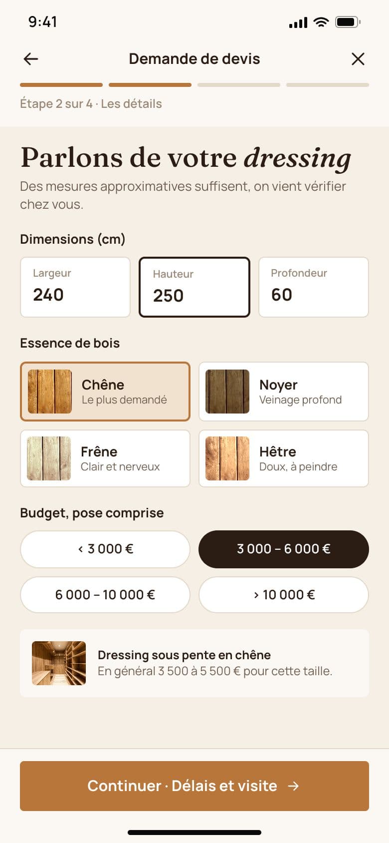 Menuiserie Dubois & Fils sur téléphone (projet concept) : le devis depuis le téléphone
