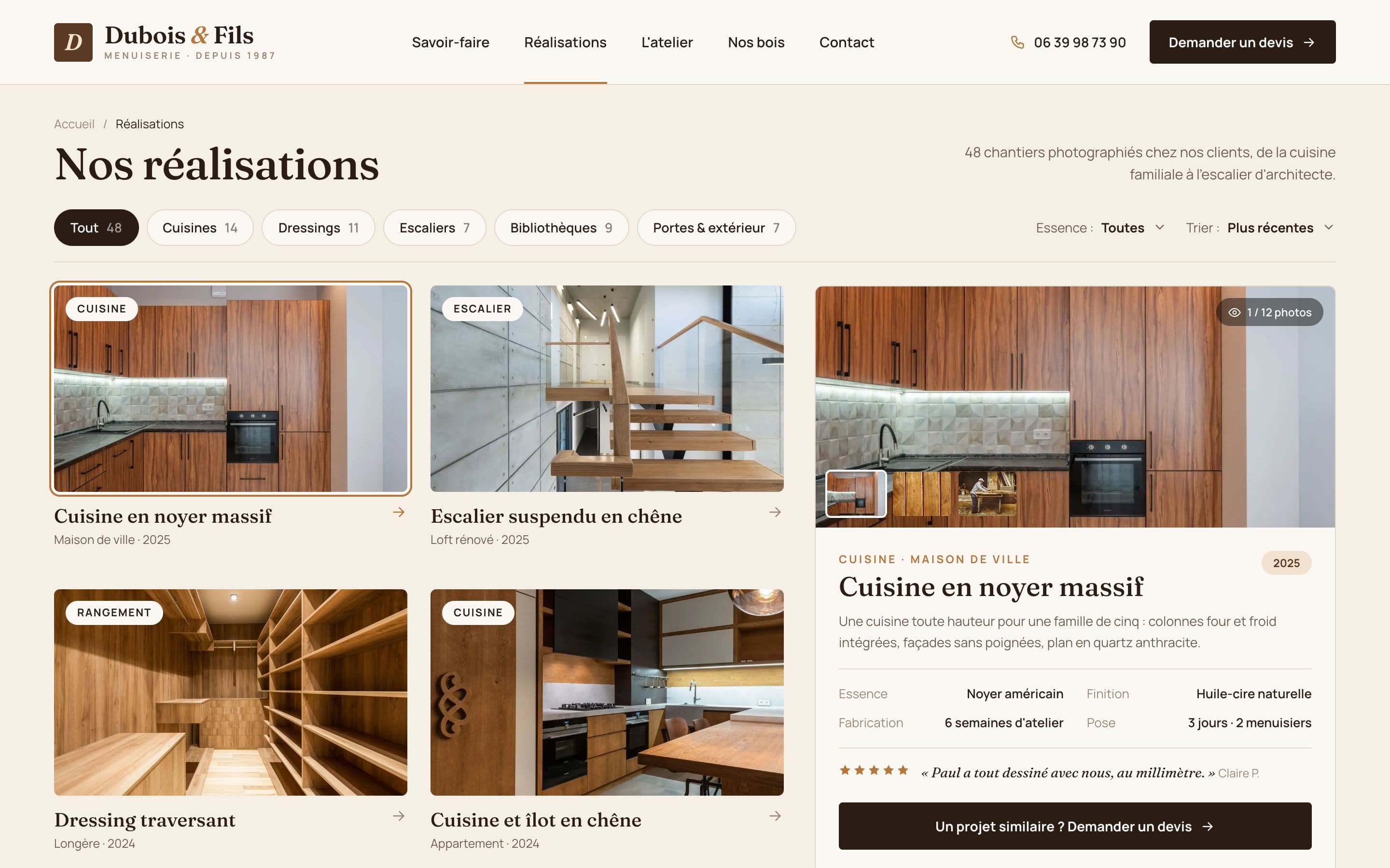 Menuiserie Dubois & Fils (projet concept) : les réalisations. Une galerie de chantiers filtrable par type de projet et par essence, avec la fiche détaillée de chaque réalisation.