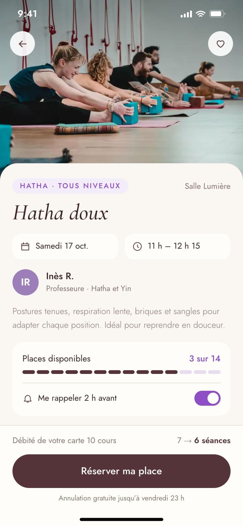 Studio Prana sur téléphone (projet concept) : la réservation d’un cours