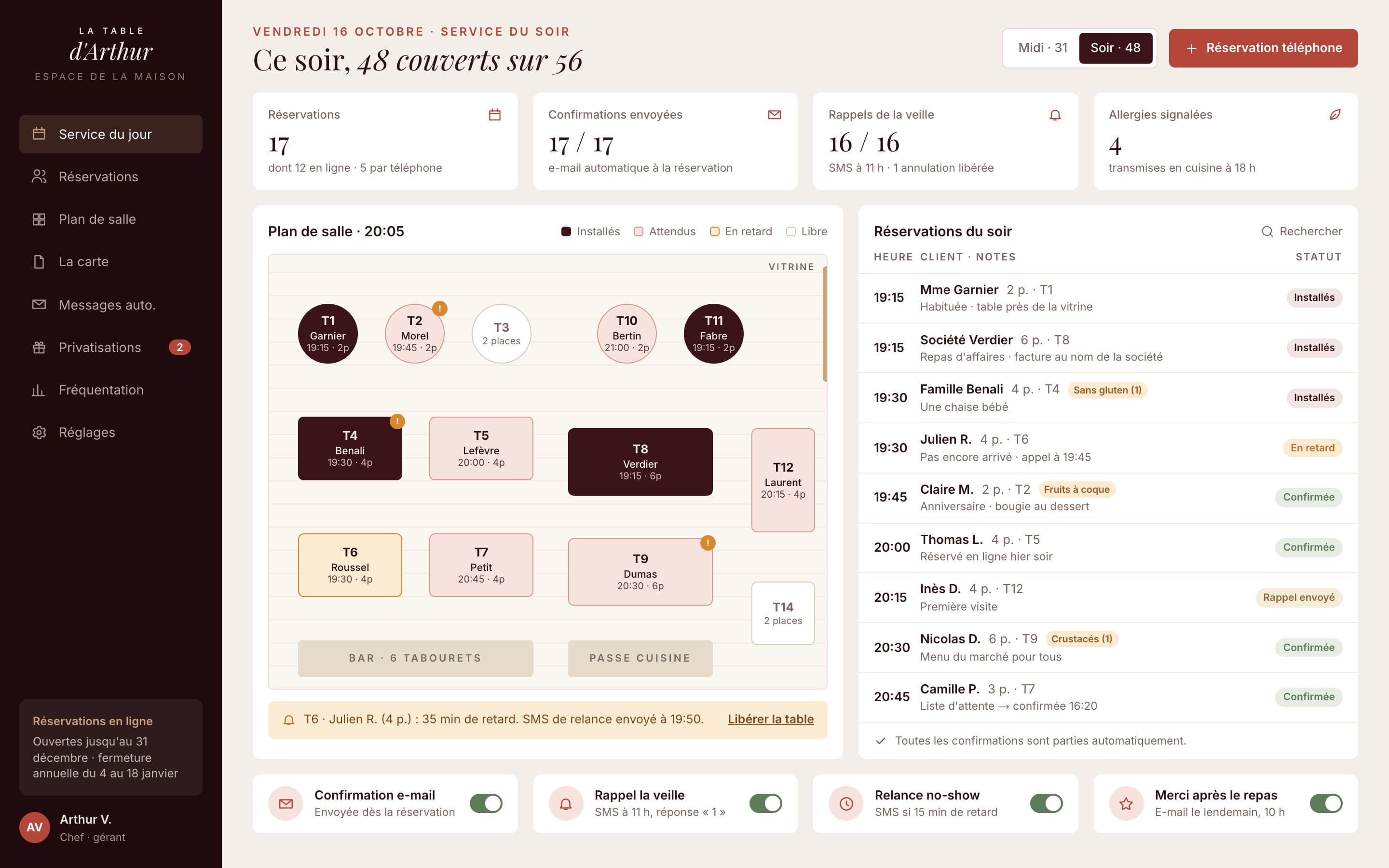 La Table d'Arthur (projet concept) : le service du soir. L'écran de l'équipe pendant le service : le plan de salle en temps réel et la liste des réservations avec notes et allergies.