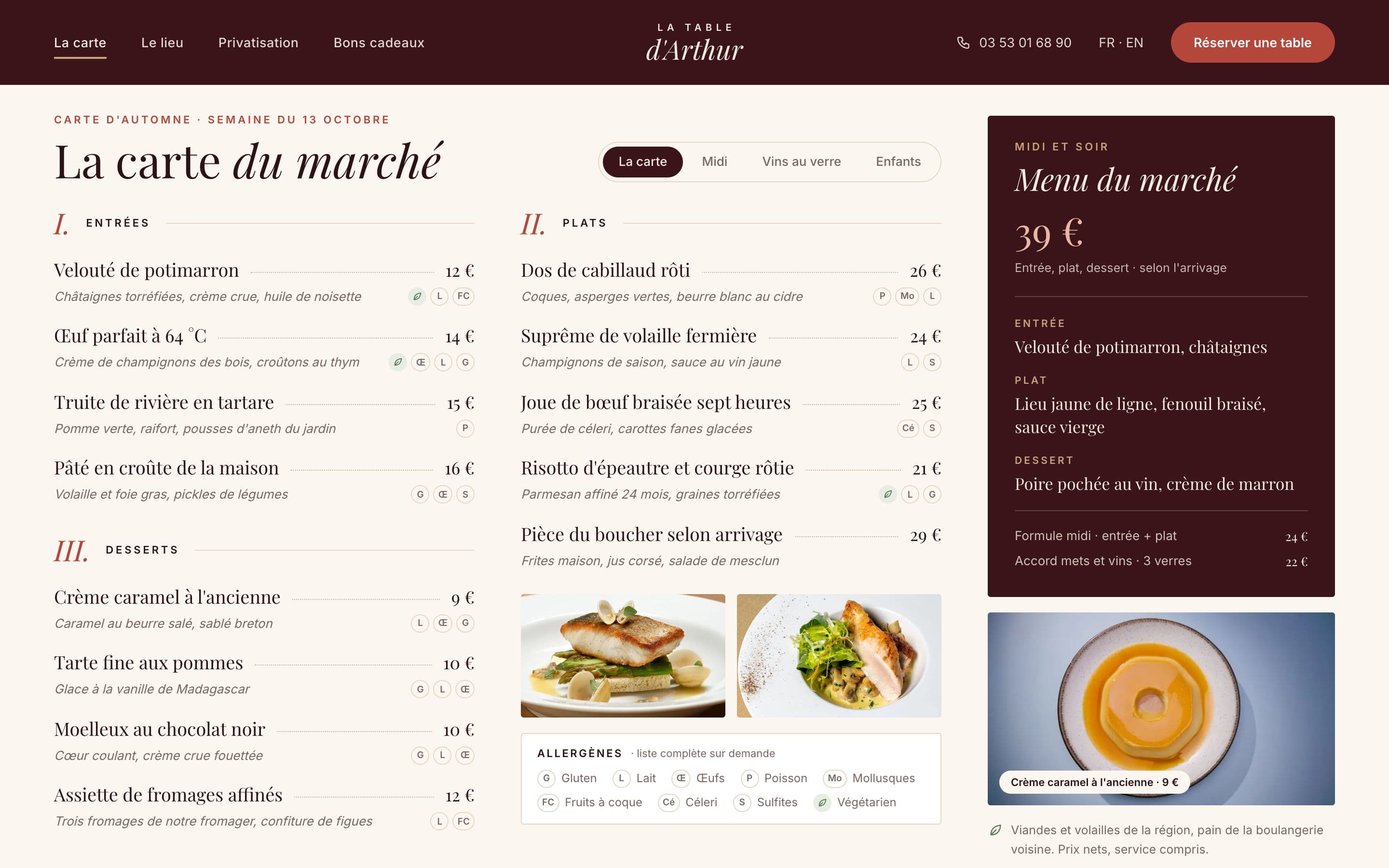 La Table d'Arthur (projet concept) : la carte du marché. Une mise en page de carte de restaurant, avec points de conduite et prix, que l'équipe met à jour elle-même chaque semaine.