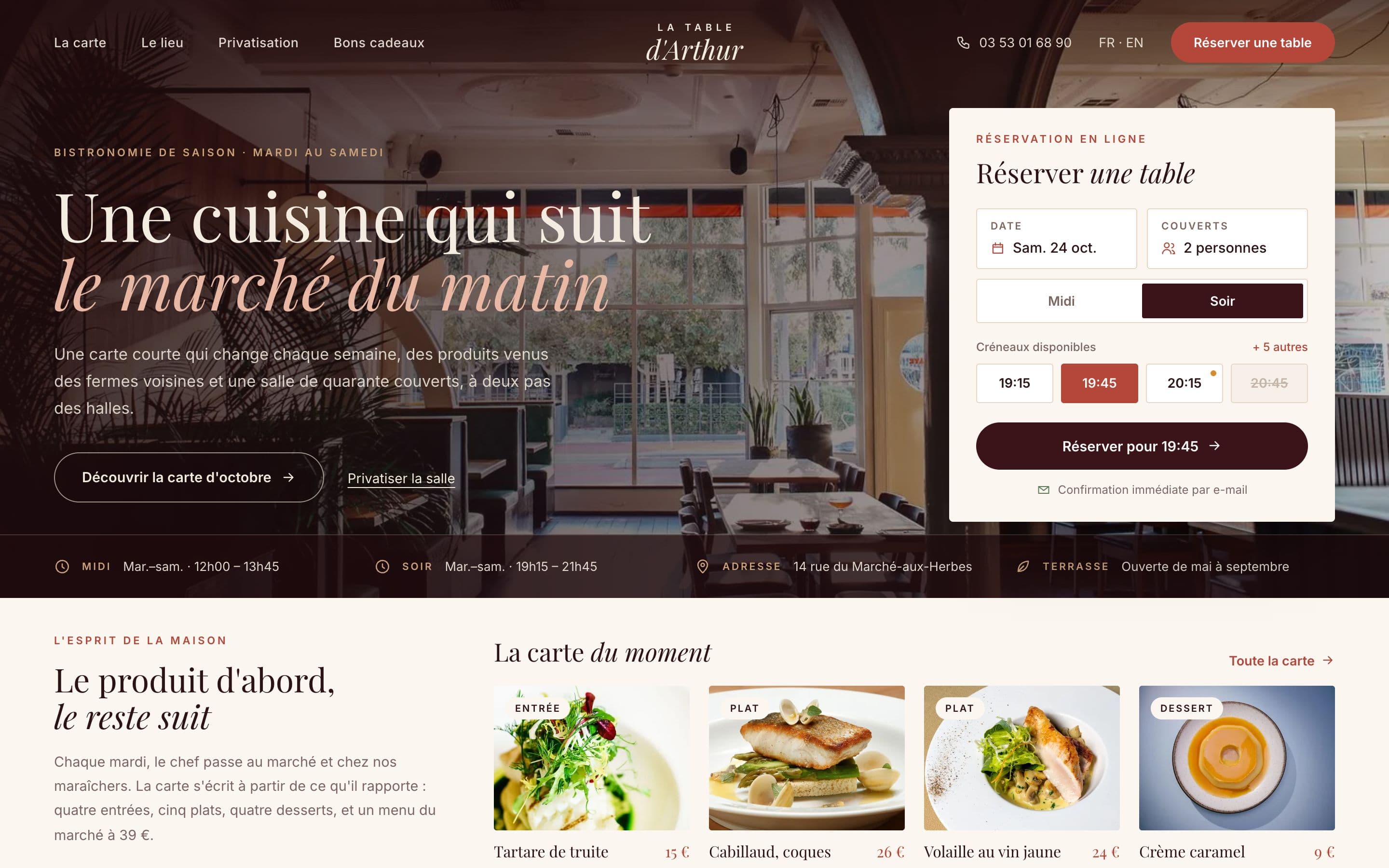 Page d'accueil de La Table d'Arthur sur ordinateur et sur téléphone (projet concept)