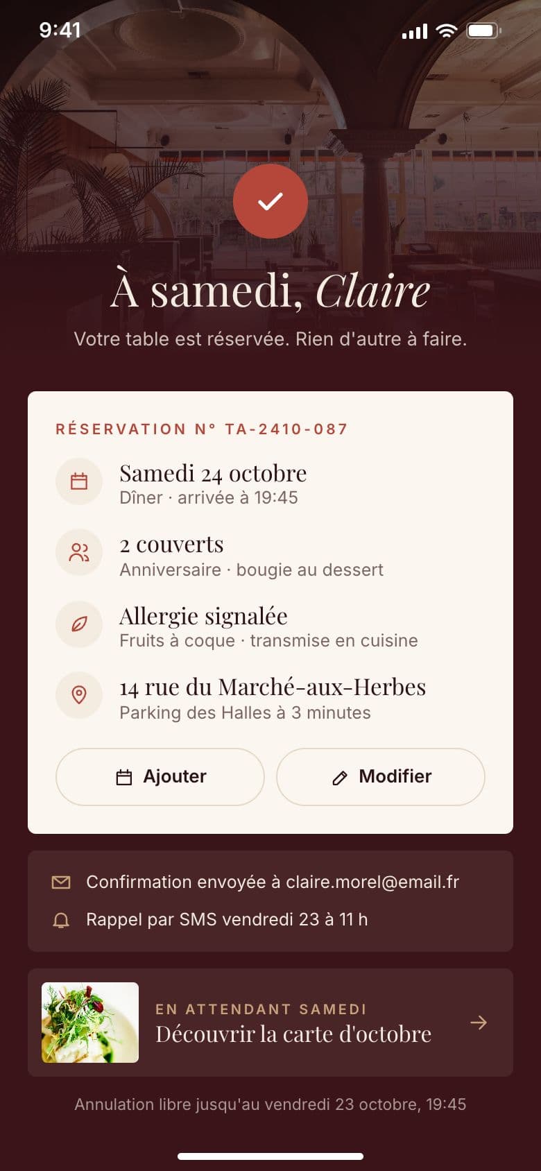 La Table d'Arthur sur téléphone (projet concept) : la confirmation