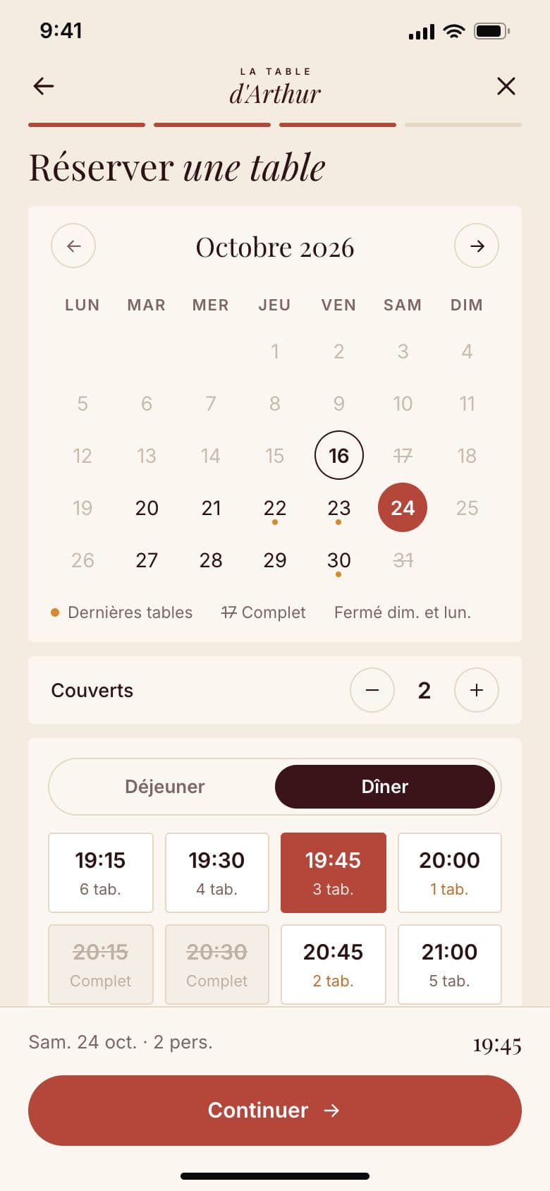 La Table d'Arthur sur téléphone (projet concept) : réserver depuis son téléphone