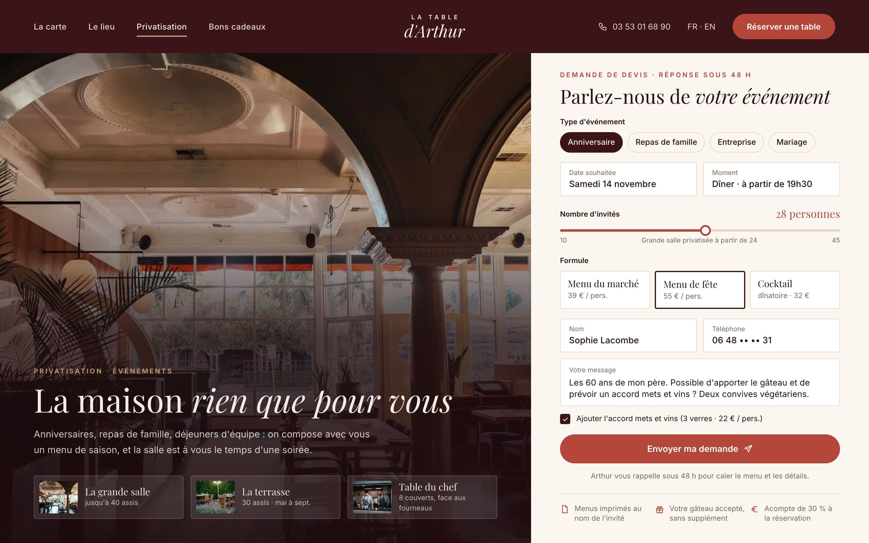 La Table d'Arthur (projet concept) : la demande de privatisation. Pour les groupes et les événements, un formulaire guidé qui donne à l'équipe tout ce qu'il faut pour préparer un devis.
