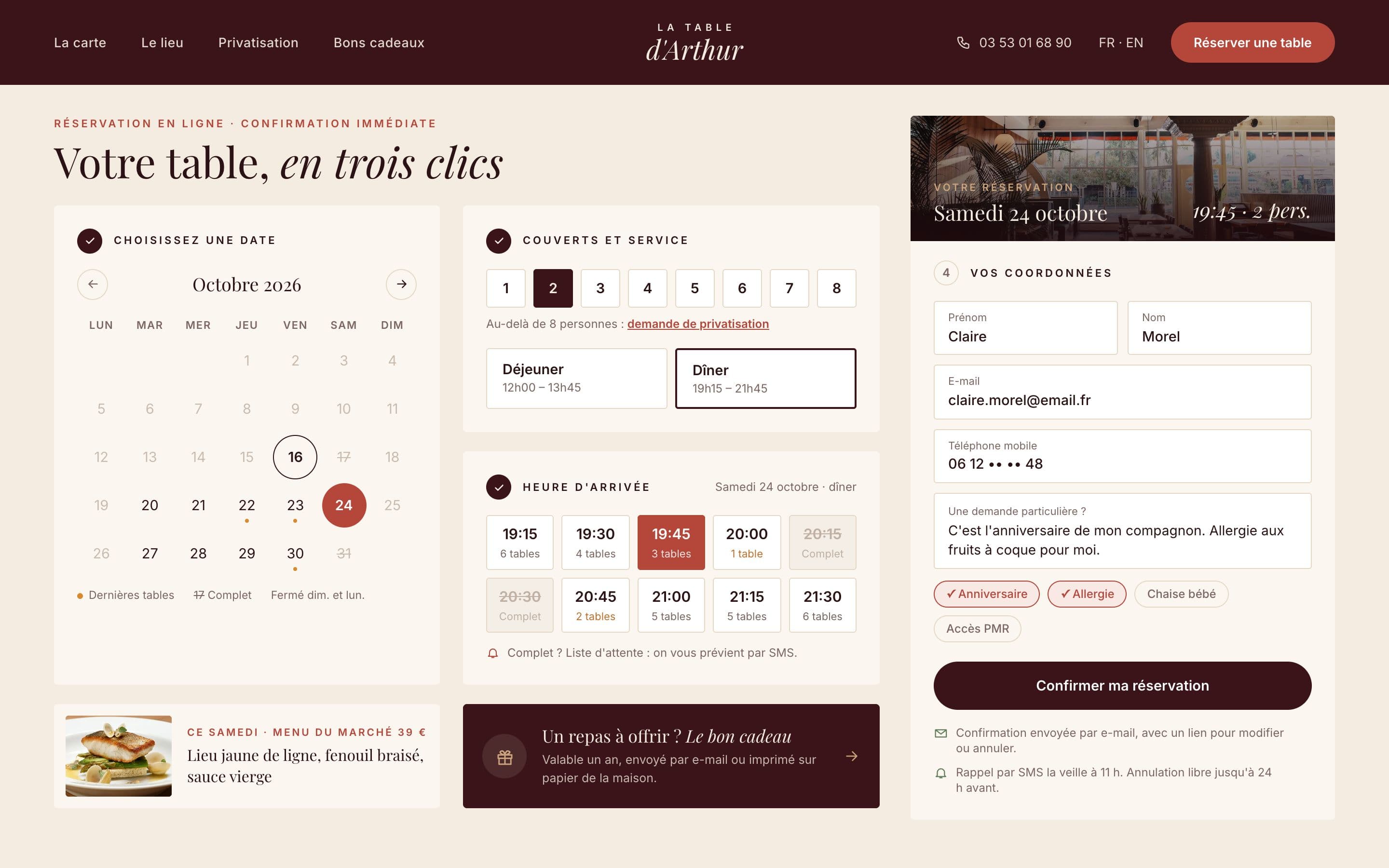 La Table d'Arthur (projet concept) : la réservation en ligne. Le client choisit sa date, son service et son heure d'arrivée selon les tables réellement disponibles, puis laisse ses coordonnées.